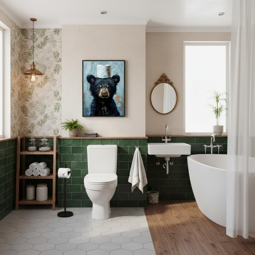 Black Framed Funny Bathroom Bear Canvas Wall Art, Black Bear with Paper Poster Print Artwork, Humor Animal Painting Picture Wall Decor, for Kids Restroom, Cabin, Bathroom, Home Decoration, 12x16in