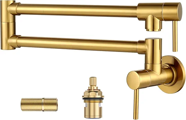 Pot Filler Faucet Solid Brass Made, ALEASHA Brushed Gold Kitchen Sink Pot Filler Faucets, Wall Mount Folding Kitchen Pot Filler, Retractable Single Hole with Two Handles for Sink Stove