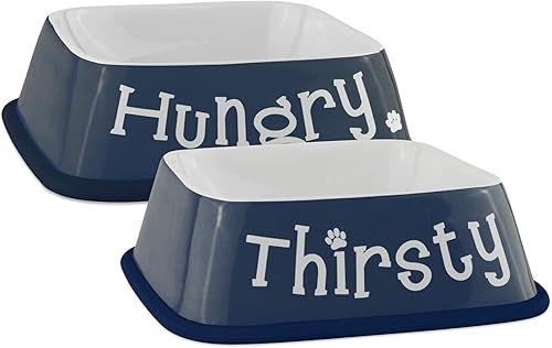 Bone Dry Hungry & Thirsty Pet Bowl, 6.75 x 6.75 x 2, azul náutico, 2 piezas