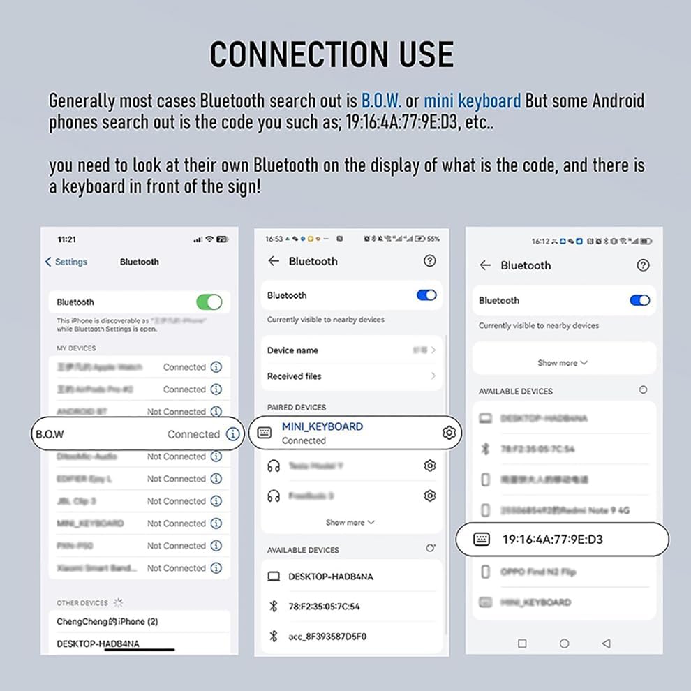 Screenshots showing Bluetooth pairing steps on mobile devices