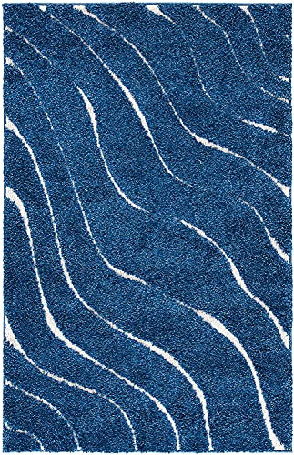 Image of Abstract Wavy Design Shaggy Rectangular Carpet For Living Room,Bedroom,High Low Design Finish Microfiber 1.8 Inch Pile High,5X7 Feet Blue|Cream Color