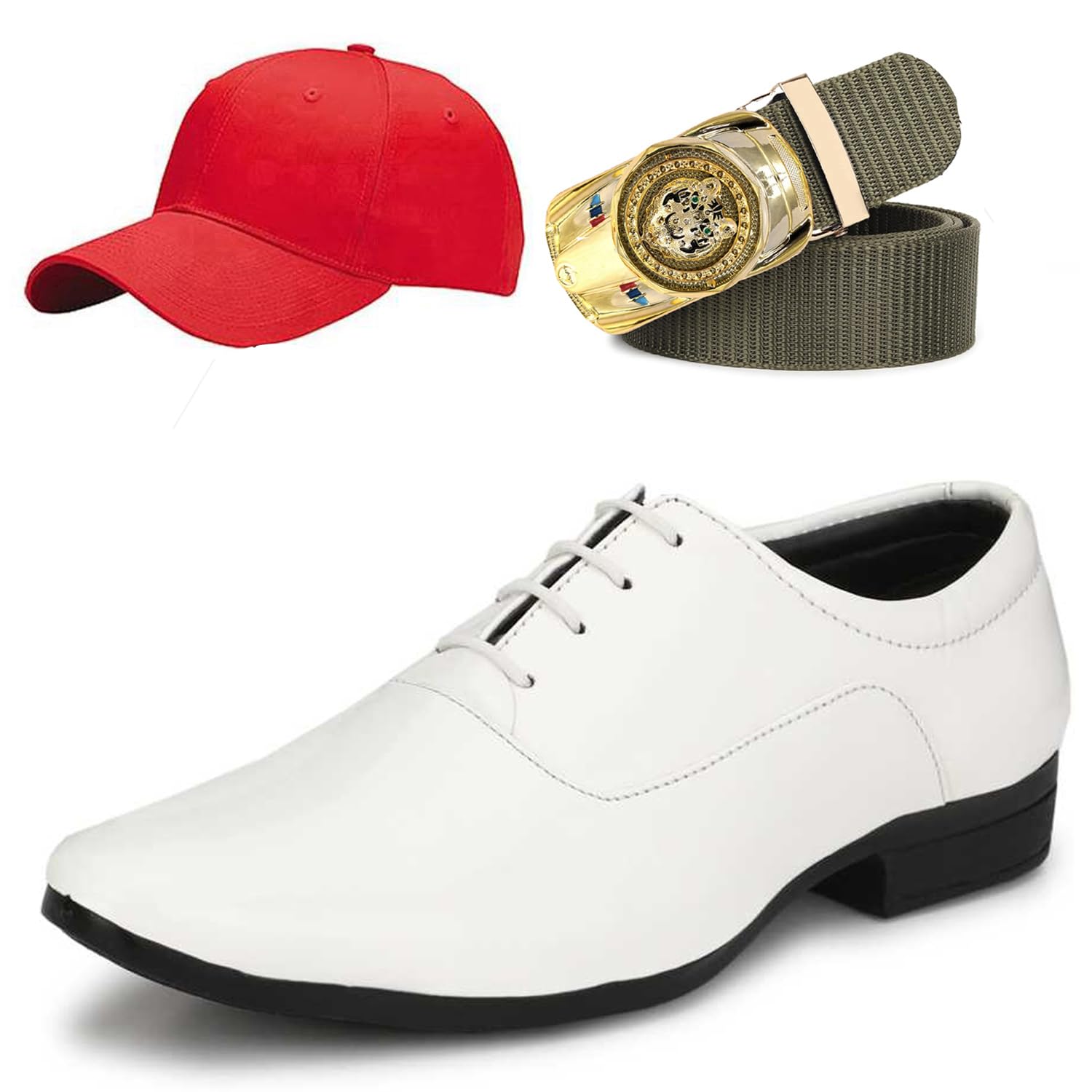 Formal Shoes with Free Base Ball Cap & Free Belt Combo for Men & Boys White-image-48