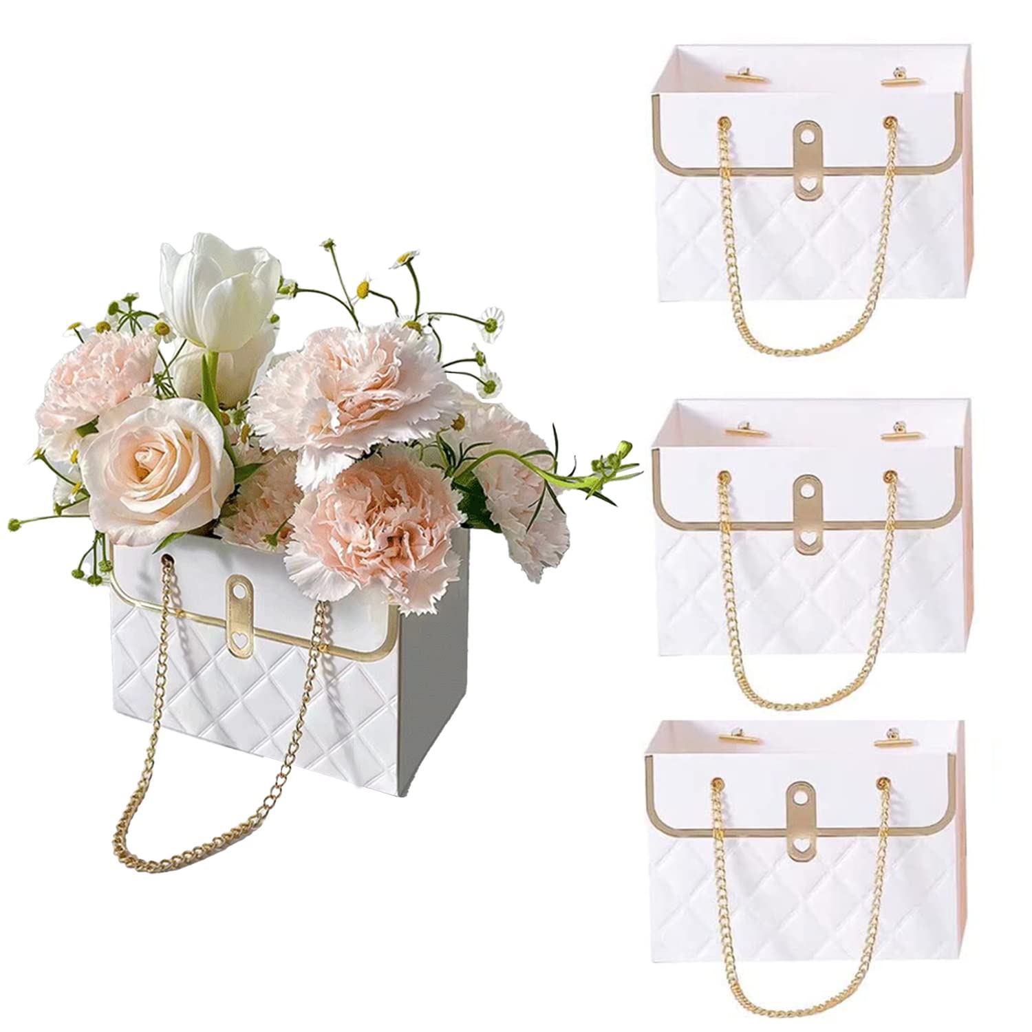 Blumen-Papier-Geschenktüten Mit Metallkette – 4er-Set In 3 Farben (Rosa, Weiß, Schwarz), 15x10x10,5 Cm