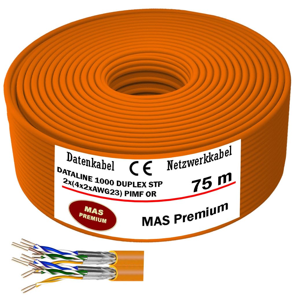 MAS Premium Cavo dati CAT 7 o CAT 7 A, da 5 m a 500 m, cavo di rete, senza alogeni, cavo di comunicazione, cavo LAN (DATALINE 1000 STP 8X2XAWG23 OR, 75 m)