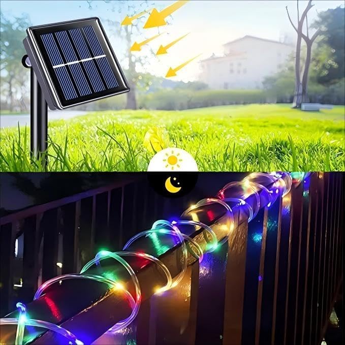 10 metros alimentado por energia solar, design de tubo de luz para ambientes externos, para decoração de jardim de Natal na piscina, casamento, Natal (luz colorida)