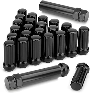 M14X1.5 Wheel Lug Nuts, 24pcs 141.5 7 Spline Leaf Sloth Acorn Lug Nut 2" Long Black with 2 Socket Key