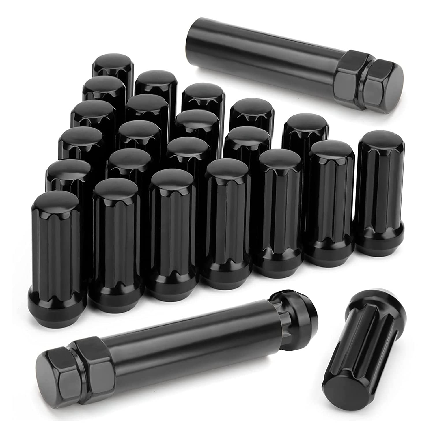 ISTOVO M14X1.5 Nakrętki do kół, 24 . 14 mm x 1,5 7 Spline Drive Ahle Cone nakrętki do kół 2 czarne z 2 nasadkami