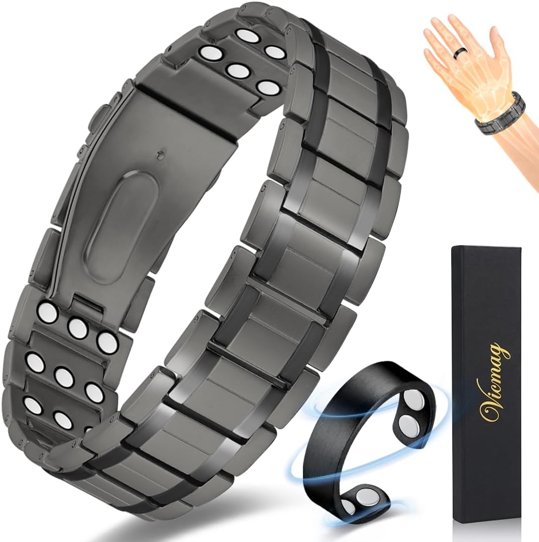 Vicmag Magnetic Bracelets for Men, 3X Strength Pure Titanium Magnetic Bracelet with 4X Copper Ring, Adjustable Length with Sizing Tool, Jewelry Set(Gray)