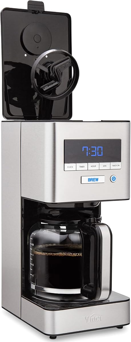 Cafetera VINCI RDT Elite, cafetera programable con cabezal rociador giratorio | Dispersión giratoria, temporizador de preparación programado, mantenimiento caliente de 4 horas, función de floración, jarra de vidrio para 12 tazas, negro y acero inoxidable