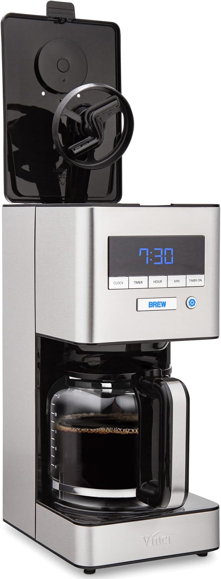 VINCI RDT Elite Rotating Coffee Maker with Spray Head | 12-Cup Programmable Coffee Maker with Flowering Function and Rotary Dispersion Technology, Black and Stainless Steel, Shut Off