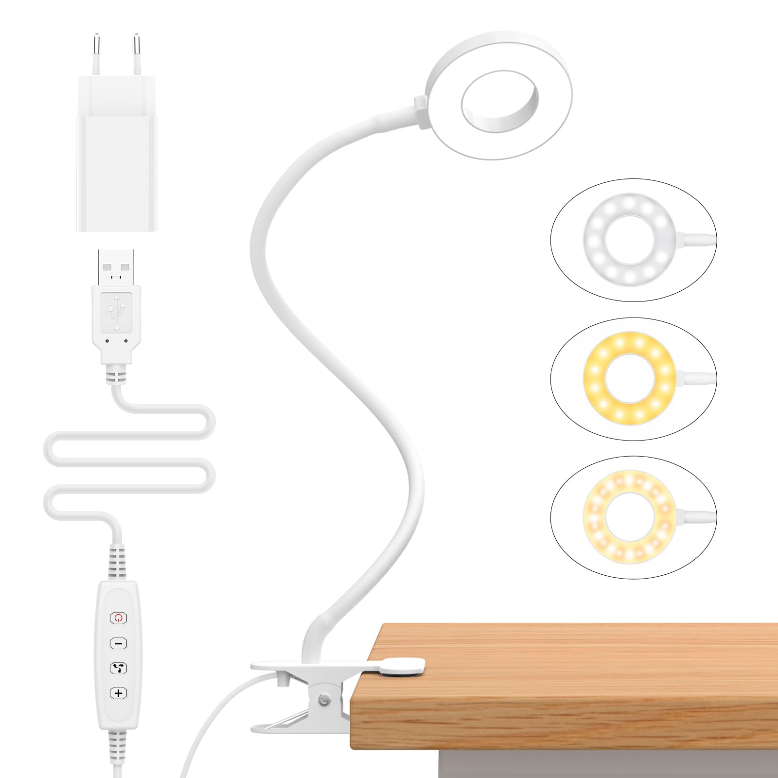 iZELL Lampada da Lettura 23 LED con Caricatore USB Lampada con Pinza-3 Colore e 10 Luminosità, 40 CM Blocca 99.99% della Luce Blu Lampada Scrivania con Morsetto per Libro, Lavoro, Letto, Tavolo-Bianco