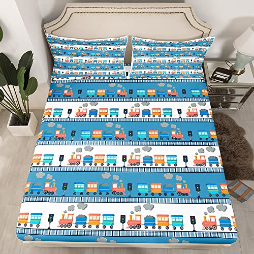 Erosebridal Cute Truck Bed Sheet Cartoon Train Bedding Set Twin for Boys Car Themed Sheets Kawaii Steam Engine Fitted Sheets Blue Clouds Print Bed Cover for Kids Bedroom (No Top/Flat Sheet)