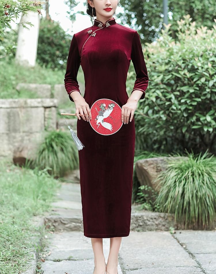 Generico Abiti Cinesi da Donna in Velluto Cheongsam Lungo con Colletto alla Coreana vestibilità Attillata Maniche A 3/4 Aderenti in Velluto Tinta Unita Abiti da Sera Qipao con Spacco Laterale Sexy
