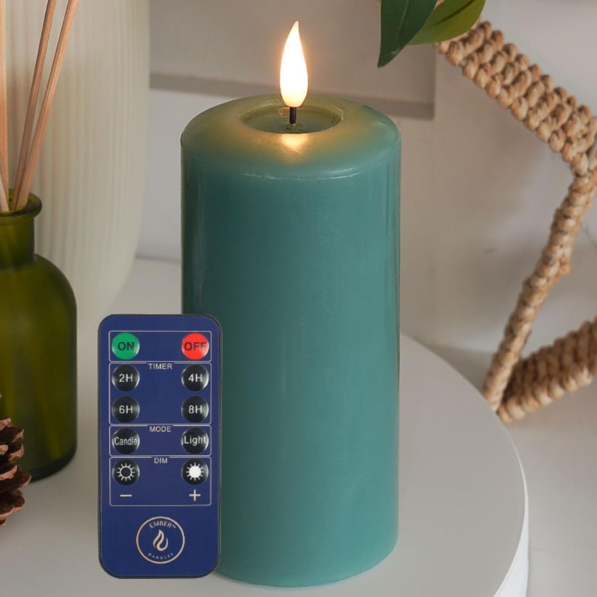 Ember Candles™ 15cm Signature Sage Green, LED Flickering Battery Candle with Remote & Timer, 100% Real Wax, Ultra-Realistic, Flameless, Hand-Poured Design Mood Lighting for Home, Parties, Events