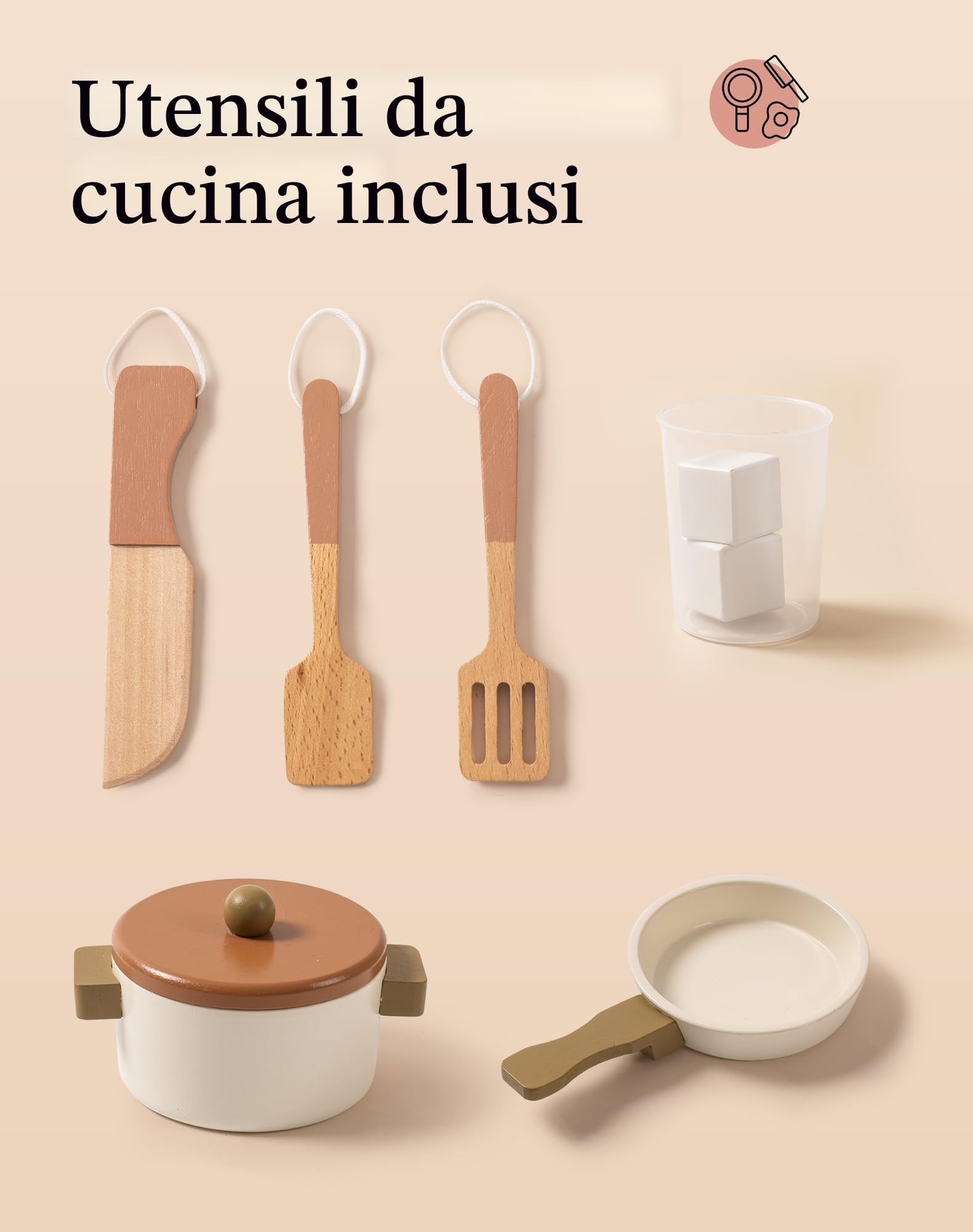 ROBUD Cucina Giocattolo per Bambini in Legno, Gioco Cucina con Dispenser interattivo per cubetti di Ghiaccio e Accessori, Set da Cucina in Legno per Bambini, Regalo per Ragazze e Ragazzi dai 3+ Anni