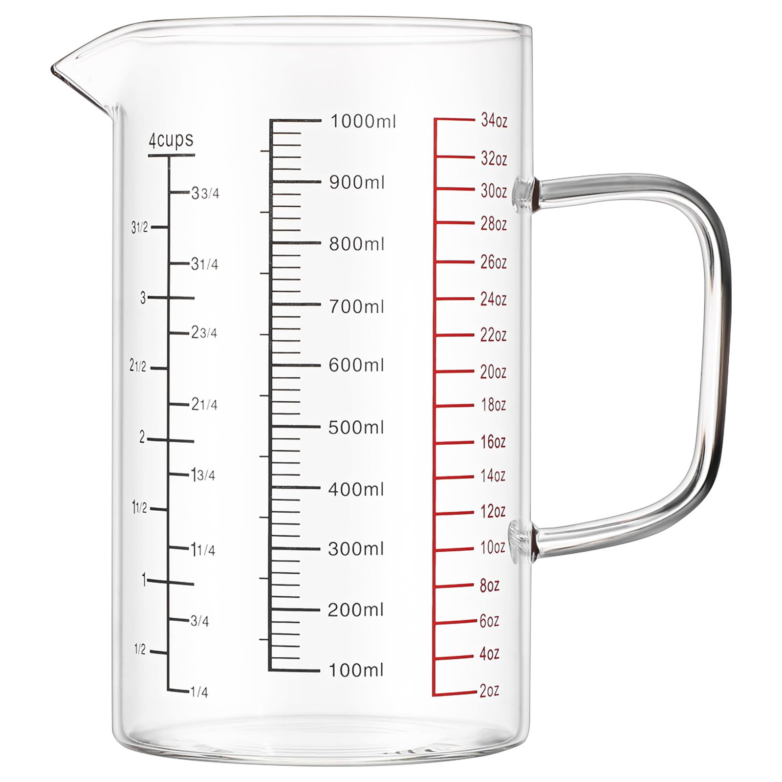 Ipetboom Misurino da Cucina con Beccuccio per Versare 1000 Ml in Vetro Borosilicato Brocca Graduata Versatile e Resistente per Cucina e Pasticceria