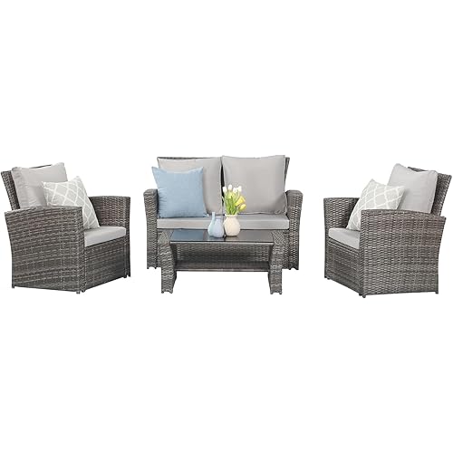 Wisteria Lane 4 Piece Patio Furniture Set, Wicker Outdoor Patio Conversation Furniture Set, All Weather Outdoor Patio sofa with Cushion and Glass Table, Grey
