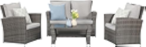 Wisteria Lane 4 Piece Patio Furniture Set, Wicker Outdoor Patio Conversation Furniture Set, All Weather Outdoor Patio Sofa with Cushion and Glass Table, Grey