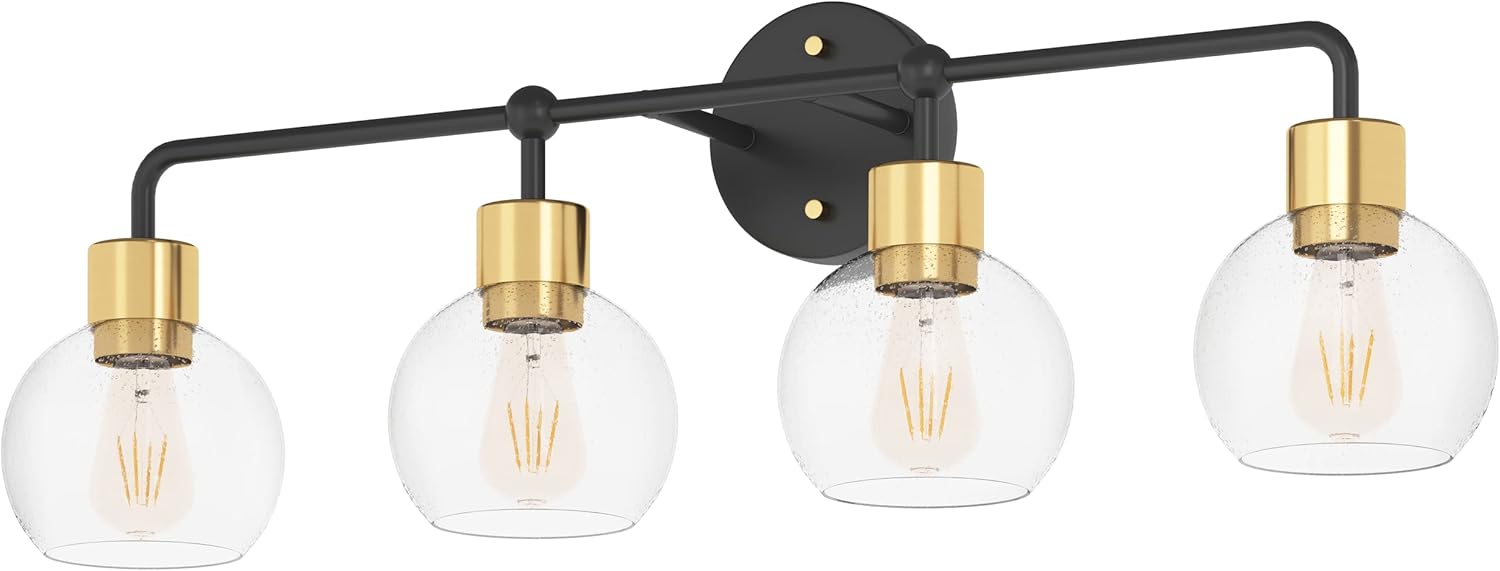 Inlight 31" Wide Black and Brushed Gold 4-Light Vanity Bath Light with Clear Seedy Glass Globe Shades, Bulb Not Included, IN-0443-4-GD