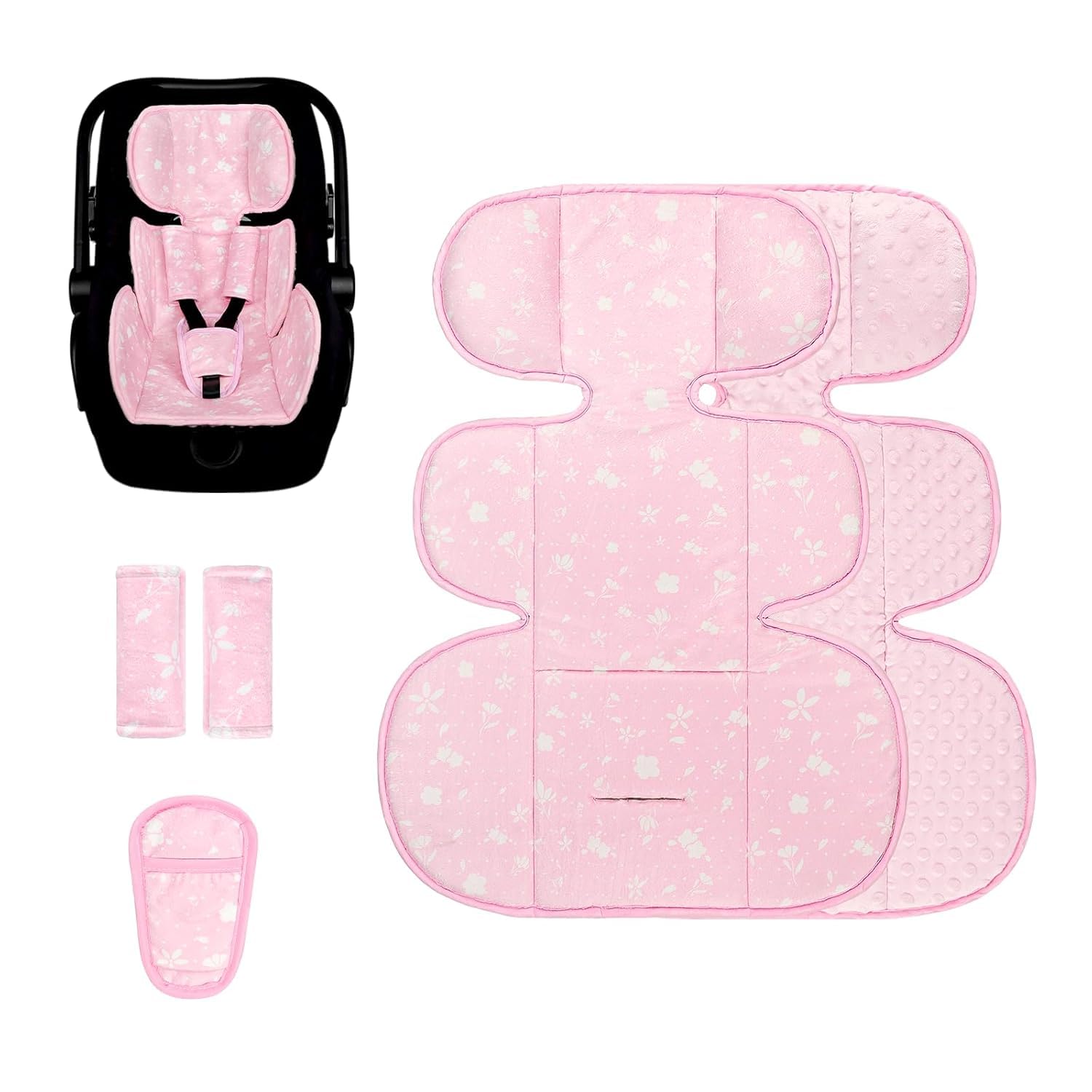 Hooyax Infant Car Seat Insert with Ultra-Thick Head Support - Universal 3-in-1 Baby Car Seat Cushion Set, Dual-Sided Newborn Carseat Insert for Carseat, Stroller, Bouncer, Swing(Pink)