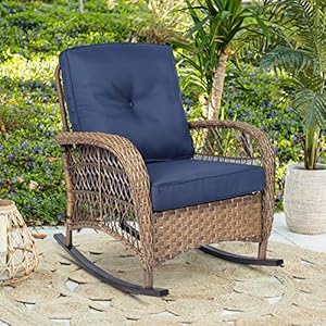 Outdoor Wicker Rocking Chair with Thickened Cushions, All-Weather Rattan Patio Rocking Chairs, Rocker Wicker Chair for Porch Garden & Backyard, Navy Blue Outdoor Wicker Rocking Chair with Thickened Cushions All Weather Rattan Patio Rocking Chairs Rocker Wicker Chair for Porch Garden Backyard Navy Blue