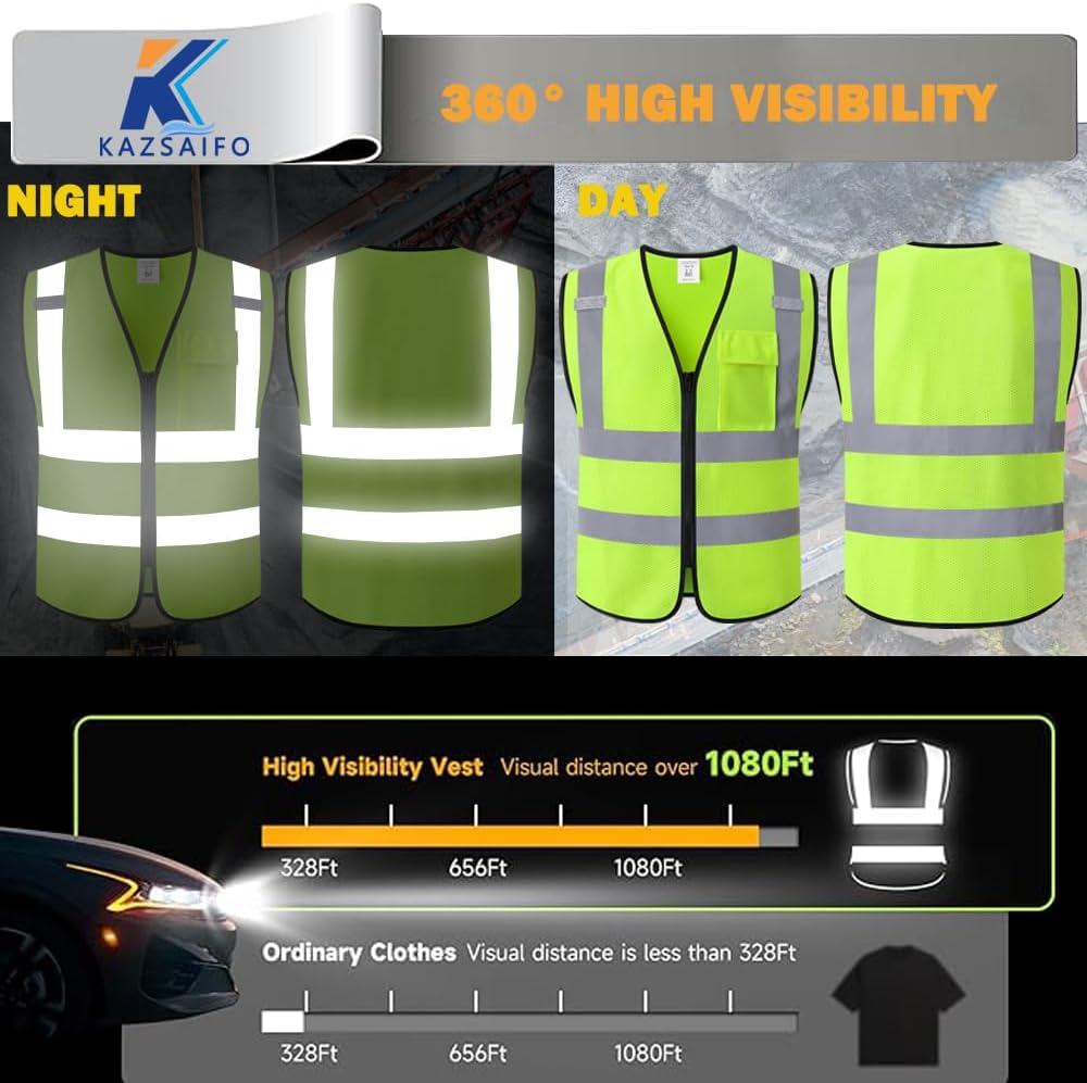 Hi Vis Reflective Safety Vest for Men Women with Chest Pocket Mesh High Visibility Class 2 Construction Vest,Meets ANSI/ISEA Standard(KZ179-Yellow-L) - Image 5