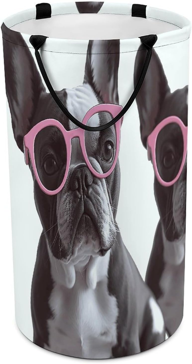 Large Laundry Basket Collapsible Dirty Clothes Basket with Carry Handles Portable Waterproof Freestanding French Bulldog Pink Glasses Laundry Hamper for Bathroom Bedroom Laundryroom Dorms 86L