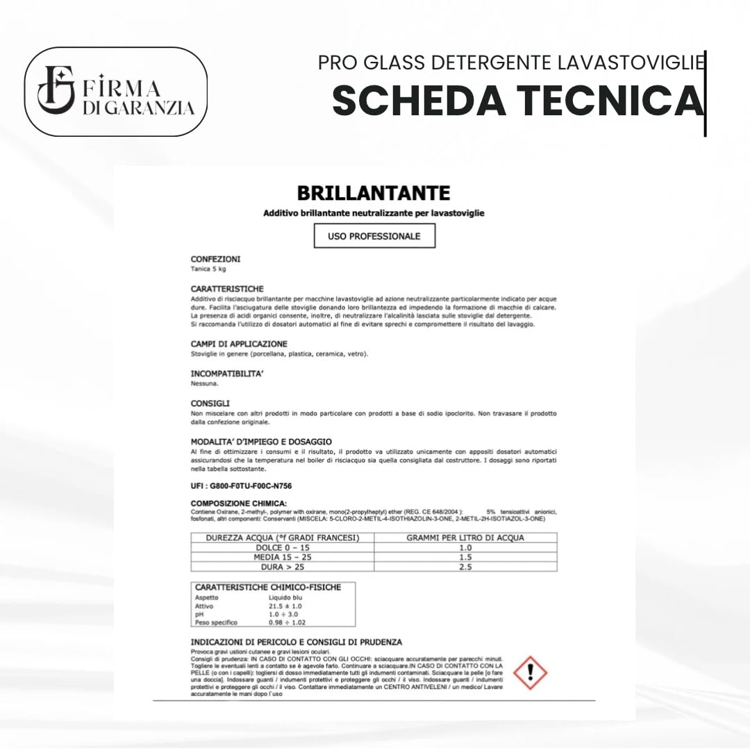 Detergente Lavastoviglie professionale PRO GLASS concentrato liquido, anticalcare disincrostante cristalli e stoviglie per bar e ristoranti | Tanica detergerne 6 KG contentrato - 1pz