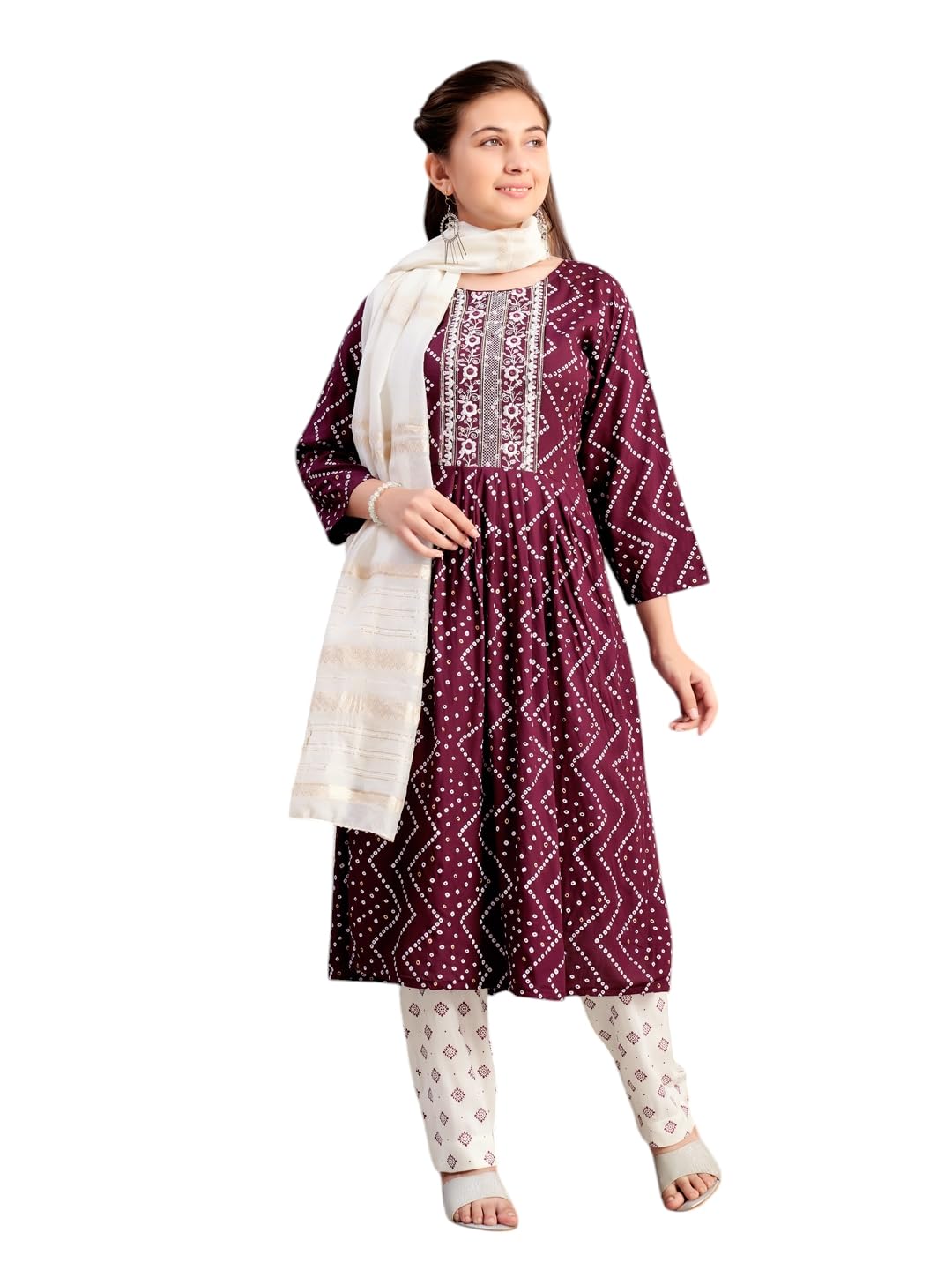 Aarika Girls Ethnic Wear Wine Colour Bandhani Print Embroidey Rayon Kurti-8-15 Years (Kurti-Tr-242)