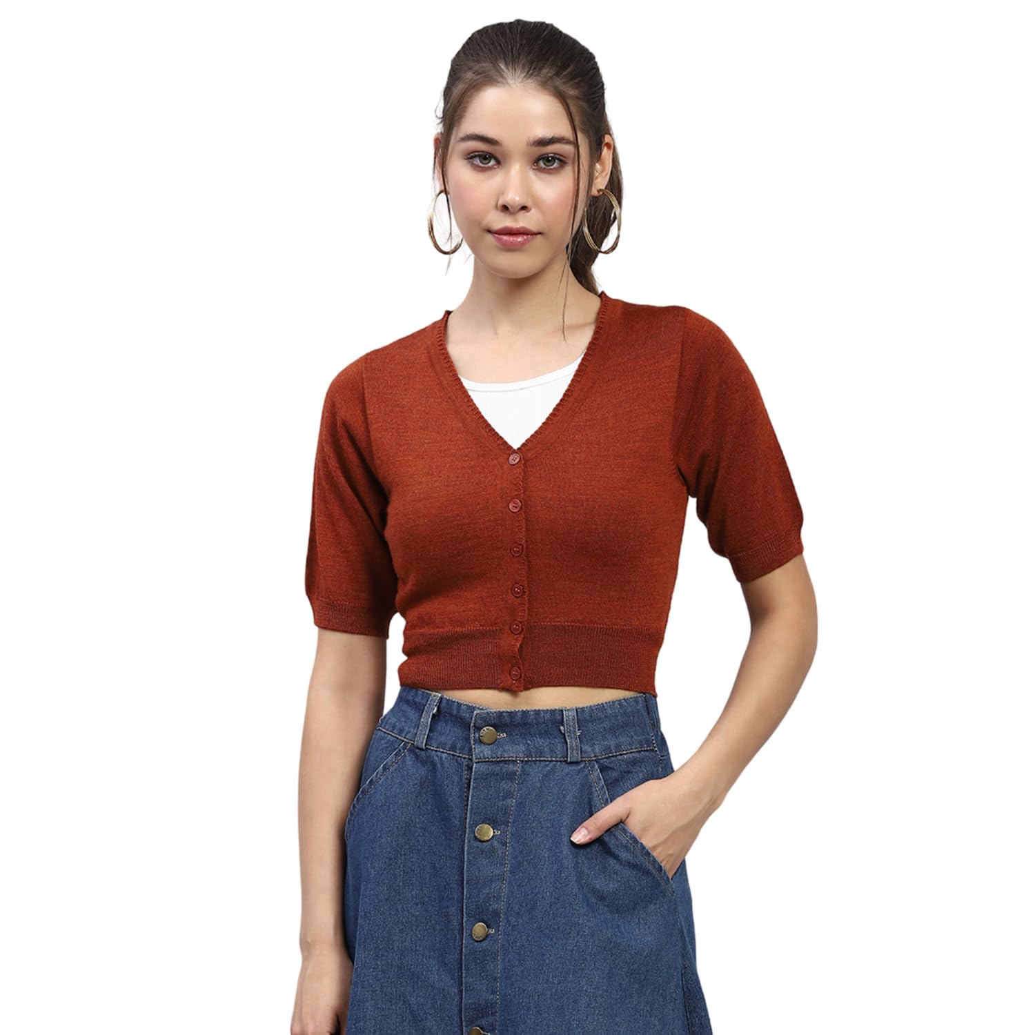 Womens Solid Green V Neck Half Sleeves Blouse_1240705HS-image-37
