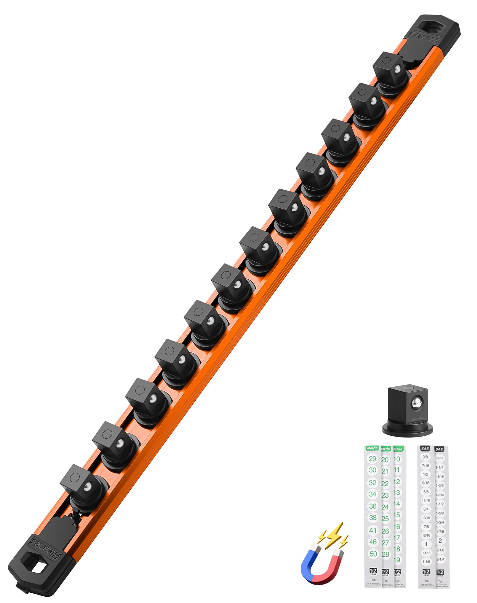 ALOANES Magnetic Socket Organizer, 1/2" Rail 12 Clips (Orange, 1PC)