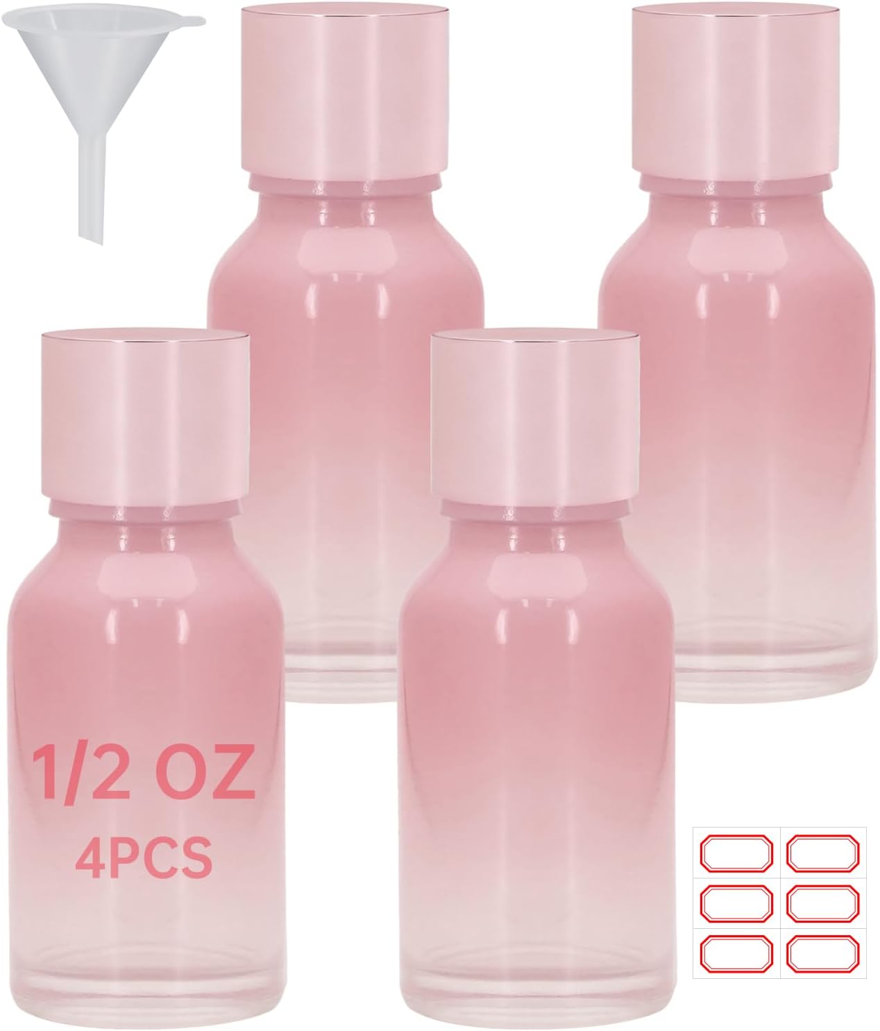 4 PCS 1/2 oz (15 ml) small Boston Glass Bottles with Screw Caps, Mini Glass Essential Oil Bottles with Funnel & Labels, Thick Glass Sample Bottles for Oils, Liquids & Storage (Gradient Pink)