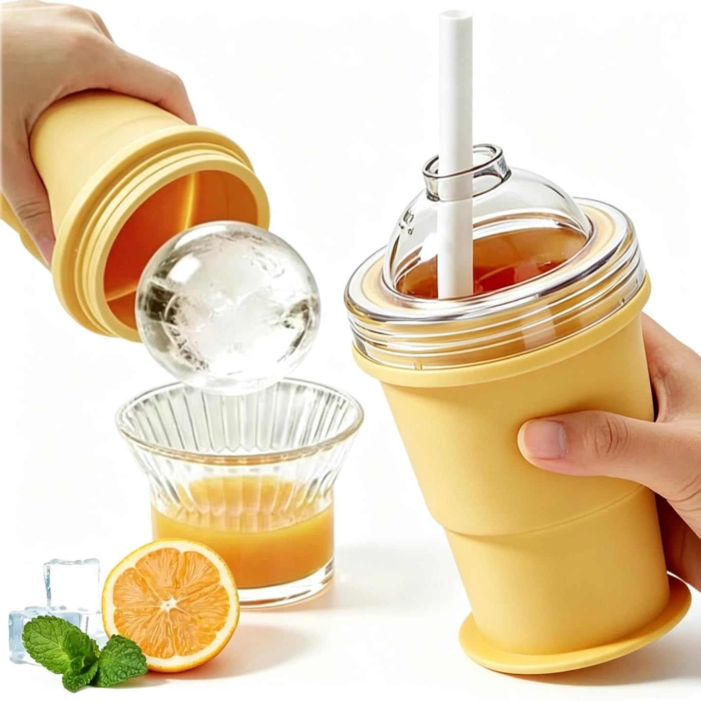 2-in-1 Collapsible Silicone Ice Ball Maker Cup Reusable Portable Foldable ice Hockey with Straw & Lid Easy Demolding Leakproof for Summer Drinks Juice Home Iced Coffee Gym Travel Outdoor