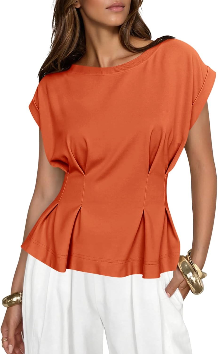 Cicy Bell Womens Peplum Tops Summer Babydoll Cap Sleeve T-Shirts Dressy Casual Crew Neck Pleated Blouses