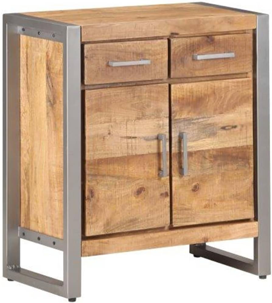Industrial Style Sideboard with Grey Finish, Solid Mango Wood and Iron Construction, 2 Drawers and 2 Doors for Ample Storage, Modern Living Room Furniture, Durable