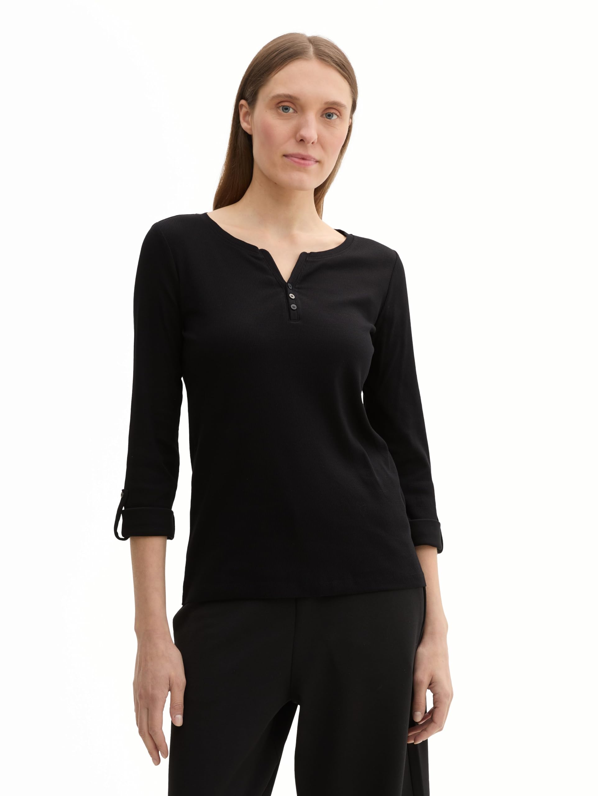 TOM TAILOR Damen Henley Longsleeve mit Streifenmuster