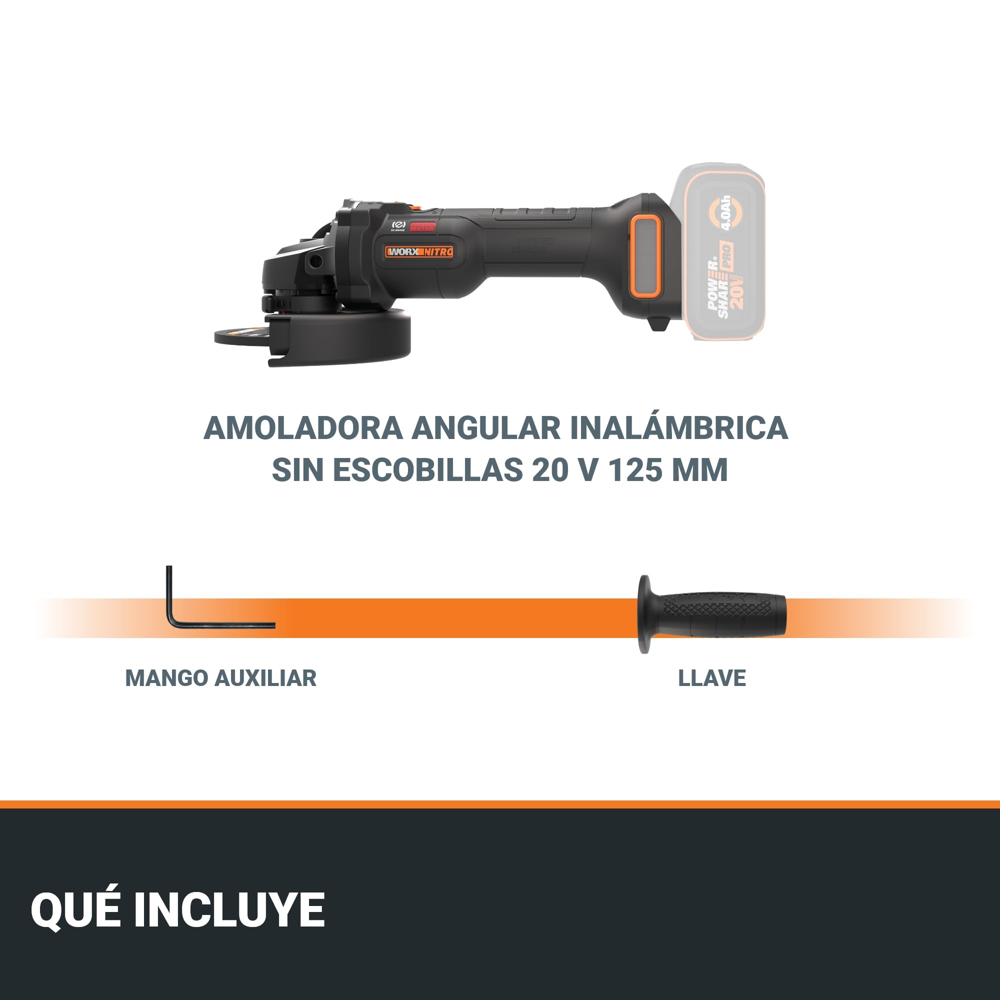 WORX WX814.9 Amoladora Angular 20V 125mm Sin Batería, Velocidad Variable 3000-8600rpm, Anti-Retroceso, Freno Eléctrico y Arranque Suave