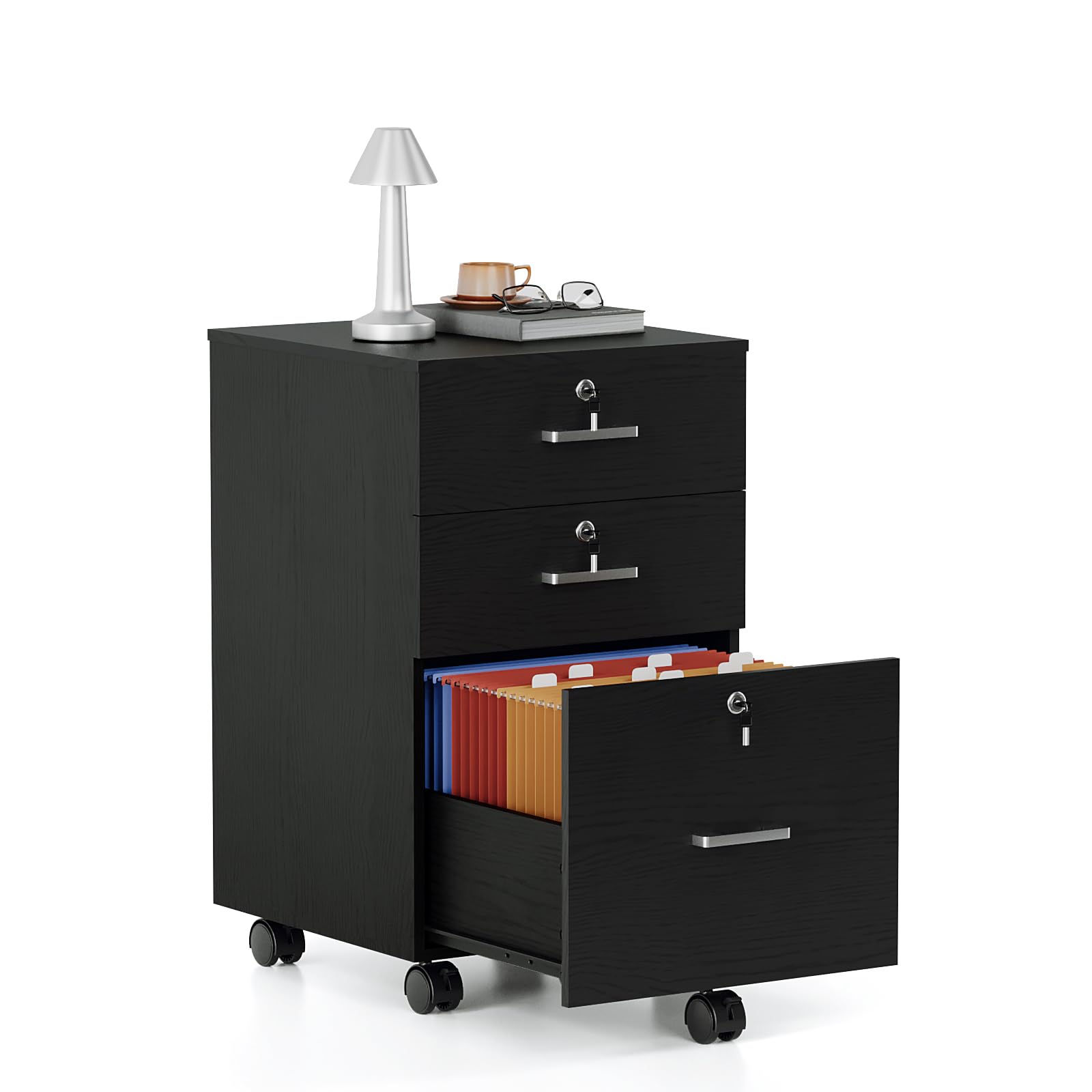 Bonnlo 3 Drawers Mobile File Cabinet for A4, Letter-Size Files,Wooden Rolling File Cabinet,Small Lockable Filing Cabinets for Home Office,Black