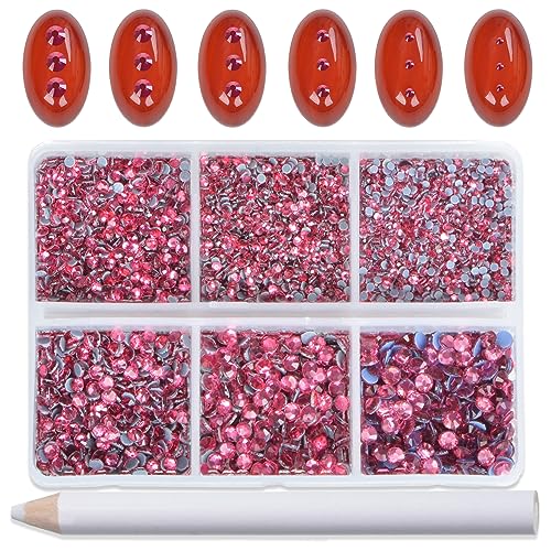 Image of Bymitel Hotfix Crystal Rhinestones Round Gems for Crafts,Mixed 6 Sizes with Wax Pencil Kit, Rose1.3-3.2mm(SS3-SS12 /8000pcs)