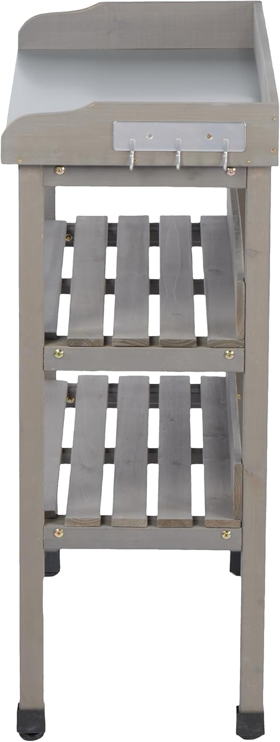 30"x14.5"x35.5" Outdoor Potting Table - Metal Tabletop, 3-Layer Solid Wood Workbench with Hooks for Garden, Garage