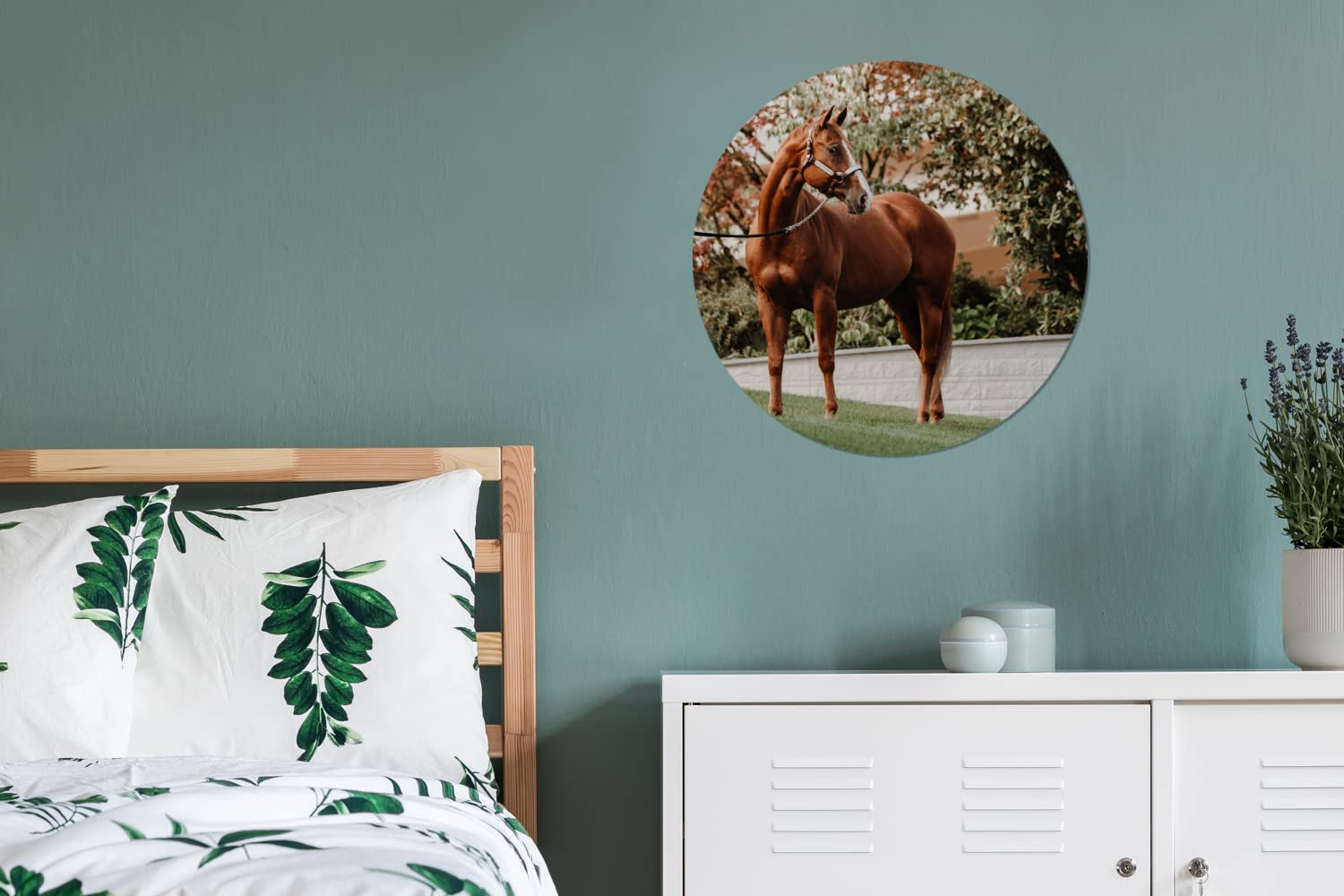MuchoWow Wandbild Rund Wanddeko Deko Wohnzimmer Bilder 60x60 cm Pferd - Baum - Halfter
