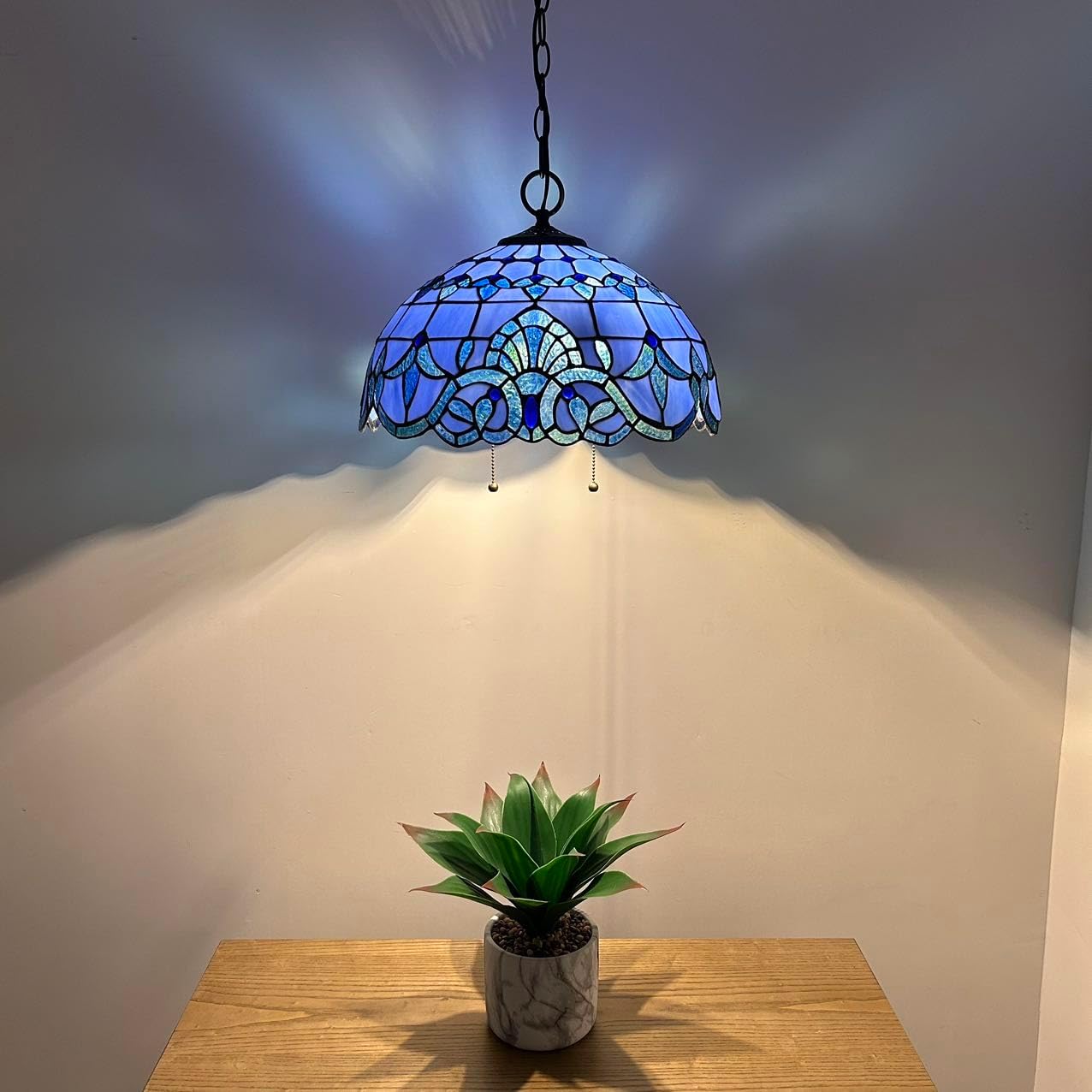 Stained Glass Pendant Lights Fixture Blue Baroque Style Hanging Lamp LED Bulbs Included for Dining Room Living Room 16”W*16”D*75”H