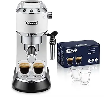 De'longhi Dedica - Cafetera de Bomba de Acero Inoxidable para Café Molido o Monodosis, Cafetera para Espresso y Cappuccino, EC685.W, Blanco + Juego de 2 vasos premium para espresso