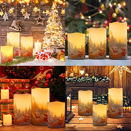 Image of CANDLE CHOICE Christmas Flameless Candles with Remote Timer Real Wax Realistic Flickering Battery Operated Electric LED Pillars with Decals Santa Claus Reindeer Snowman Xmas Tree Decorations 3 Pack