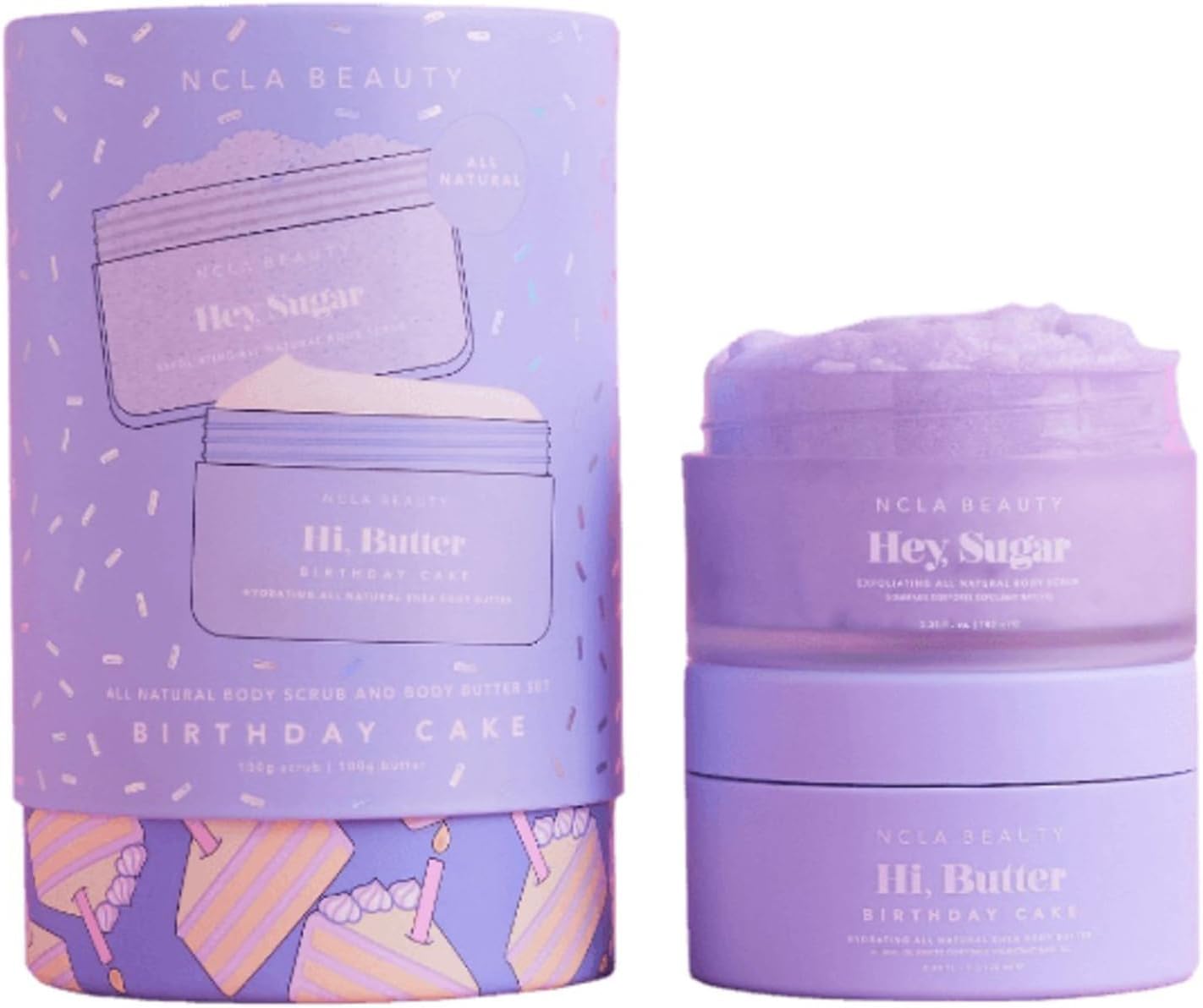 NCLA Beauty All Natural Body Scrub and Body Butter - Exfoliating Sugar Scrub and Moisturizer with Natural Butters and Oils - Birthday Cake - 2 pc