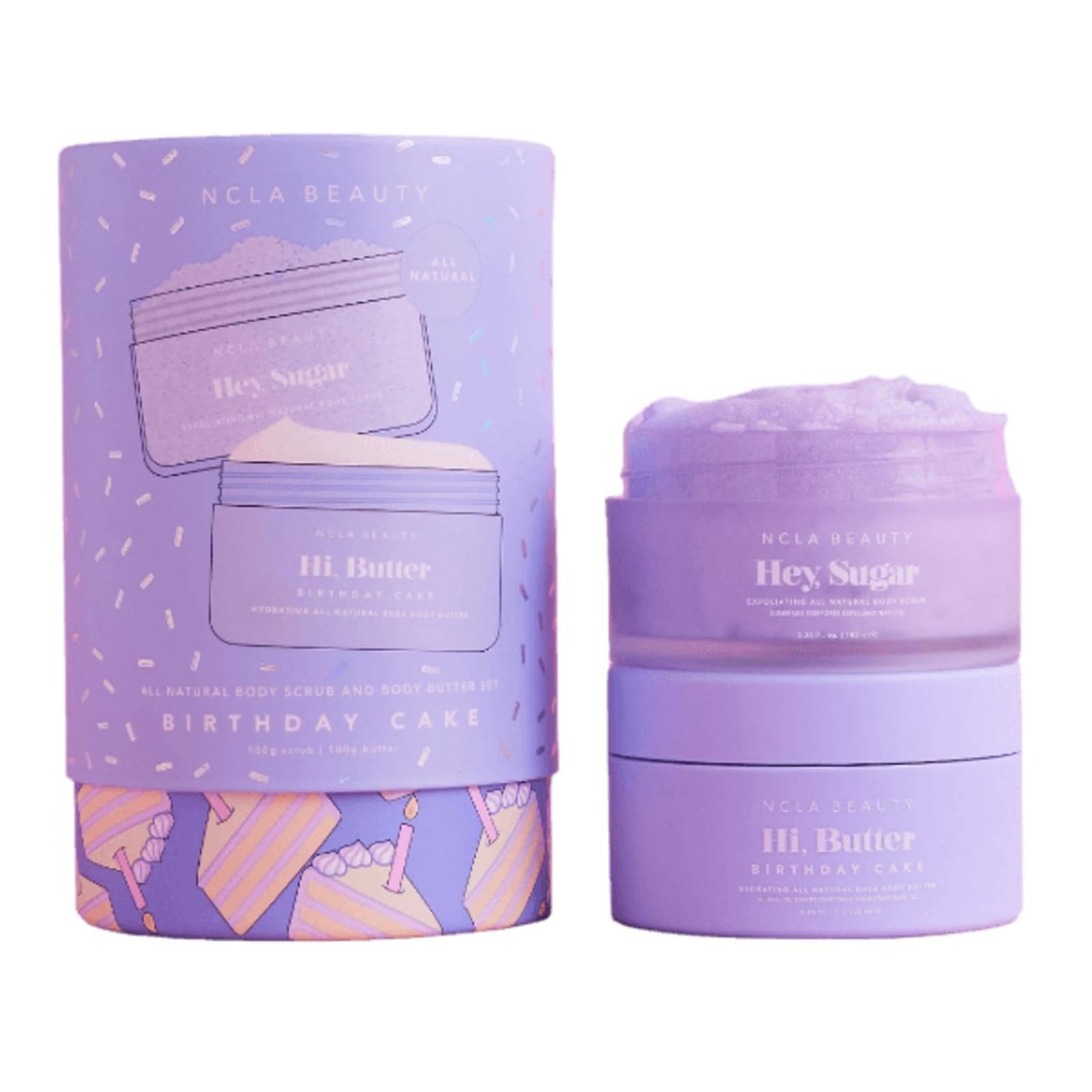 NCLA Beauty All Natural Body Scrub and Body Butter - Exfoliating Sugar Scrub and Moisturizer with Natural Butters and Oils - Birthday Cake - 2 pc