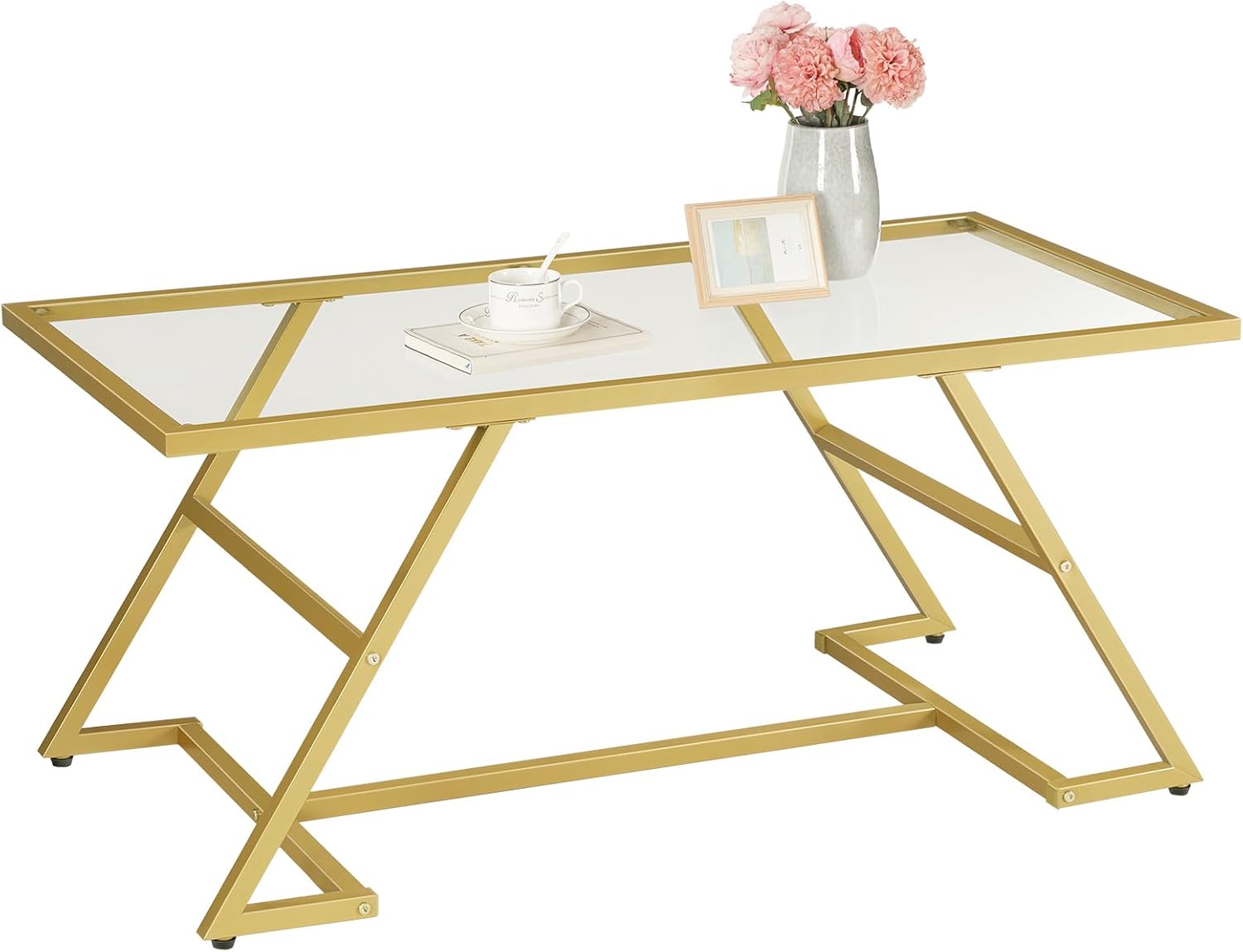 HOOBRO Coffee Table, Rectangular Gold Coffee Table, Modern Glass Center Table, 2-Tier Center Tea Tables with Metal Frame for Living Room, Home Office, Gold GD11KF01