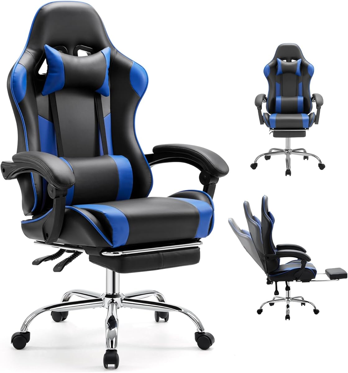 DUMOS Ergonomic Gaming Office Desk Chair with Linkage Armrests for Adults, Height Adjustable Computer Chair with Footrest and Headrest, PU Leather 360° Swivel Recliner with Lumbar Support, Deep Blue