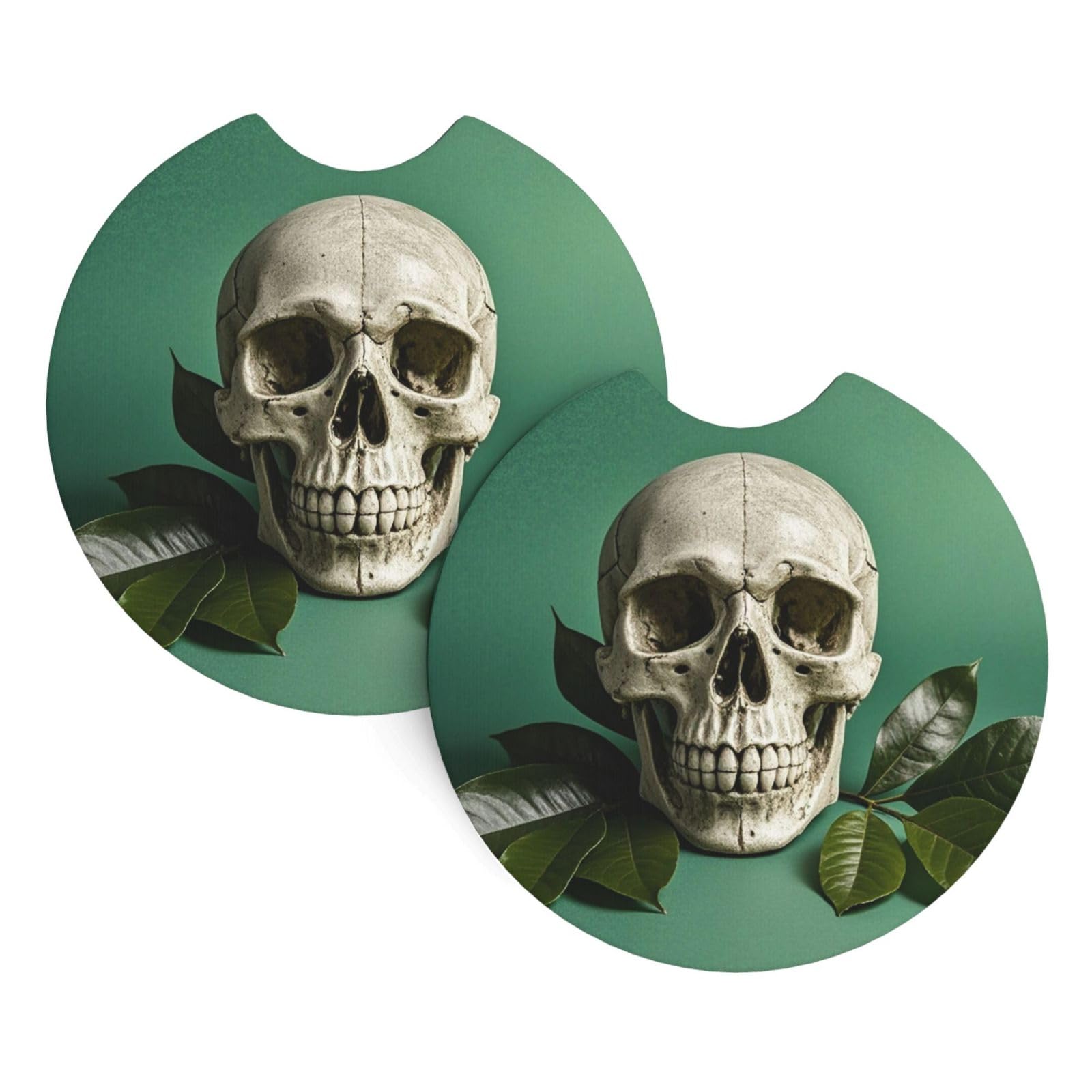 2 Pack Car Coaster for Cup Holders Green Background Skull and Leaves Car Cup Coaster 2.7" Neoprene Non-Slip Automotive Cup Mat Universal Auto Car Interior Accessories for Women Men Cup Pad