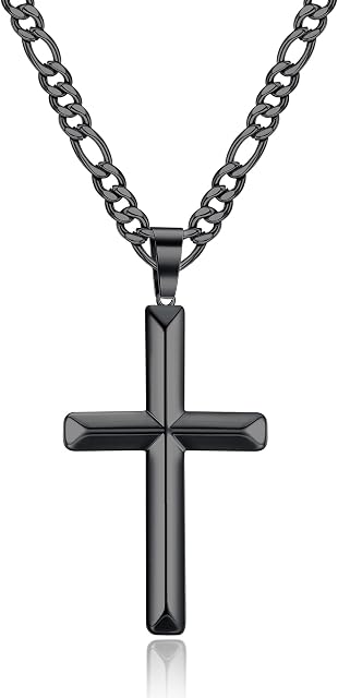 Roheafer Cross Necklace for Men Women with 3.5MM Figaro Chain Stainless Steel Beveled Cross Pendant Necklace 18k Gold Plated Black/Gold/Silver Simple Necklaces 18-30 Inch